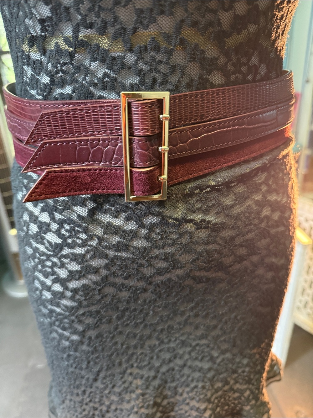 White House Black Market Burgundy Multi-Texture Wide Waist Belt with Gold Buckle